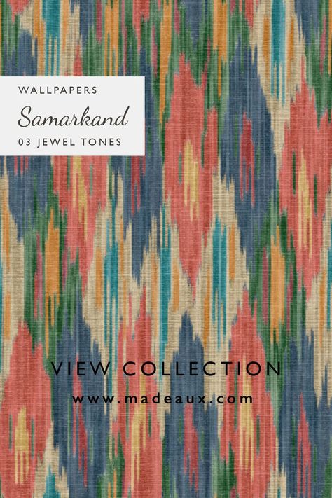 A hand painted characterful Ikat wallpaper, Samarkand offers the bold graphic qualities of a contemporary geometric pattern together with the rich textural nature of hand woven textiles. Offered in three colourways of striking Jewel Tones, subtle Mole and warming Harvest. #wallpaper #wallcovering #ikat Ikat Painting, Harvest Wallpaper, Ikat Wallpaper, Woven Textiles, Hand Woven Textiles, Ikat Pattern, Wall Covering, Jewel Tones, Mole