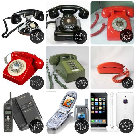 Phones Through Time. It's crazy to look at some of these old phones, while at the same time fun to watch the features change. First they were corded with dials, then buttons, then no cords, and lastly almost no one has a home phone. How many of these have you owned? #telephone #cellphone #evolution Old Phones, Et Phone Home, Thomas And His Friends, Cell Phone Radiation, Old Cell Phones, Classic Phones, Means Of Communication, Timeline Design, Happy Good Morning Quotes