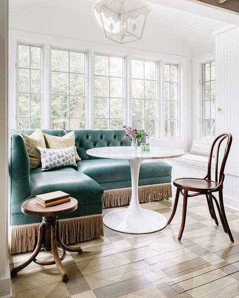 Breakfast Table   Emerald Sofa   Lounge Sofa   L Sofa   Vintage Sofa   Tufted Sofa   Lantern Chandelier   White Paint   Breakfast Nook | Design by Kate Marker Interiors | Photo by @margaretrajic Breakfast Nook Banquette, Breakfast Nook Bench, Kate Marker Interiors, Nook Table, Built In Banquette, Cozy Breakfast Nook, Budget Home Decorating, Banquette Seating, Kitchen Nook