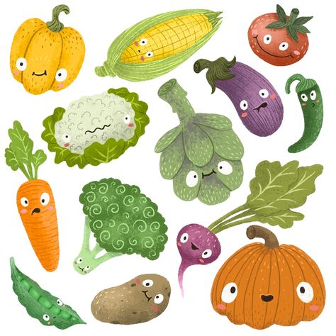 Cartoon Veggies Drawing, Cute Fruit And Vegetables Illustration, Vegetables Character Design, Cartoon Vegetables Illustration, Fruit And Vegetable Illustration, Food Character Illustration, Vegetable Illustration Design, Cute Vegetables Drawing, Fruits And Vegetables Illustration