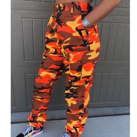 Orange Camouflage Pants Brown Camo Pants, Orange Camo Pants, 2000s Looks, Brown Joggers, Velvet Tracksuit, 70 Fashion, Festival Outfits Rave, Camouflage Cargo Pants, Black Camouflage