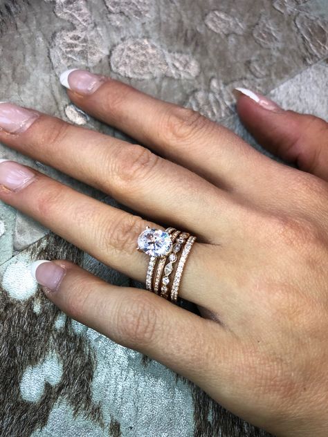 Oval Stacked Wedding Rings Gold, Oval Stacking Engagement Rings, Rose Gold Engagement Ring Stack, Oval Diamond Stacked Rings, Oval Ring With Wedding Band Stack, Engagement Rings Stacked, Oval Ring Stack, Engagement Ring Stacks, Wedding Band Stack Ideas