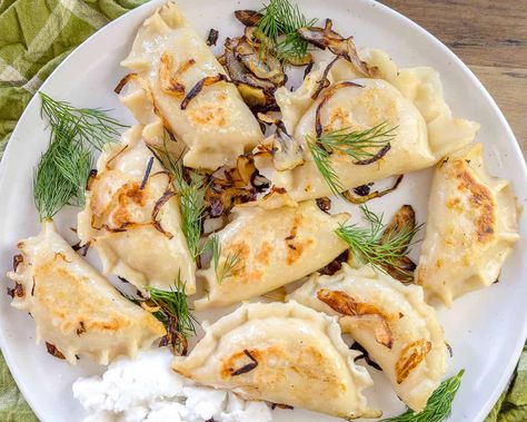 Vegan Pierogies (3 Recipes!) Vegan Pierogi Recipe, Pierogies Recipes, Pierogi Filling, Veggie Soups, Cheap Lazy Vegan, Lazy Vegan, Vegan Mushroom, Chick Pea, Vegan Sour Cream