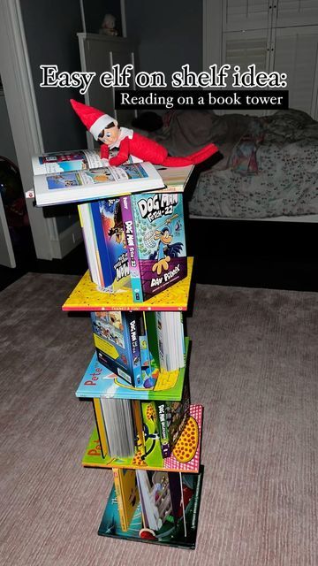 Michelle Joyner on Instagram: "At least Tickle is promoting reading!!😆📚 He collected all of Joules’ favorite books and built a fancy book tower while she was sleeping! He sure has been playing it risky with all the visits to the kids’ rooms lately..😅🤣 Catch my stories for some more daily elf ideas! 🎄❤️ #booktower #easyelfontheshelfideas #elfontheshelfideas" Elf Ideas Easy, Book Tower, Elf Yourself, Elf Magic, Awesome Elf On The Shelf Ideas, Elf Activities, Xmas Elf, Elf Antics, Elf Fun