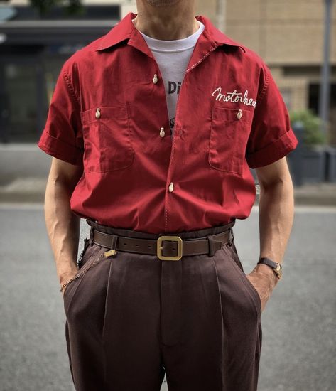 Bowler Shirt Outfit, Bowling Outfit Men, Workshirt Outfit Men, Bowling Shirt Outfit Men, Bowling Shirt Outfit, Workshirt Design, Bowling Outfit Aesthetic, Bowler Shirt, Collared Shirt Outfits