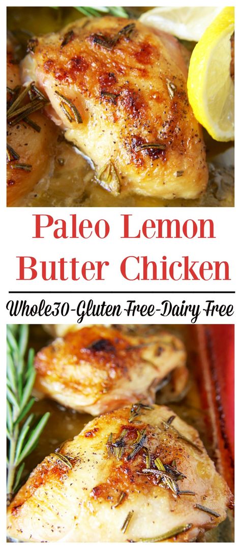 Paleo Lemon Butter Chicken- A delicious Whole30 meal. Fresh rosemary, ghee, coconut cream, and lemon make the most delicious sauce ever!! Wholesome Breakfast, Paleo Menu, Lemon Butter Chicken, Paleo Cookbook, Paleo Meals, Diner Recept, Paleo Diet Recipes, Paleo Chicken, Paleo Dinner