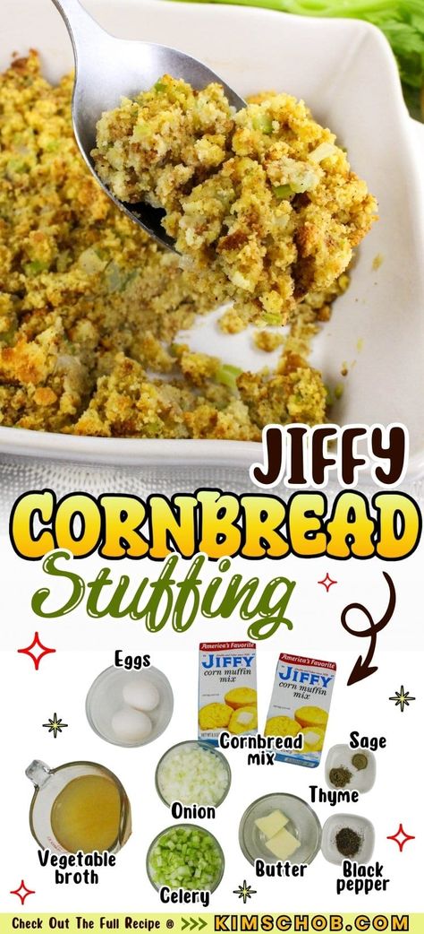 Jiffy cornbread stuffing in a dish with ingredients. Jiffy Mix Cornbread Dressing, Jiffy Stuffing Recipe, Jiffy Cornbread Appetizers, Jiffy Dressing Recipes, Jiffy Cornbread Dressing Recipes, Homemade Cornbread Stuffing Recipe, Homemade Jiffy Cornbread, Jiffy Cornbread Stuffing, Jiffy Mix Cornbread