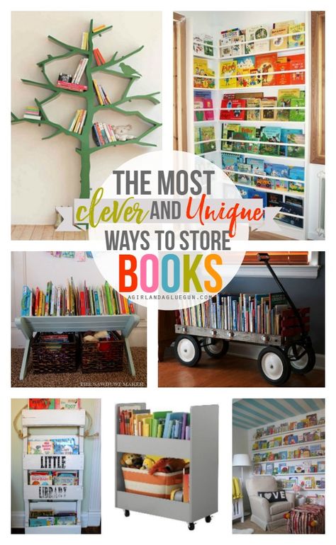 the most clever and unique ways to store children's books- Lots of fun ideas from a girl and a glue gun Book Storage Small Space, Organizing Kids Books, Ikea Picture Ledge, Book Sling, Book Ledge, Kids Book Storage, Bookcase Organization, Store Books, Storing Books