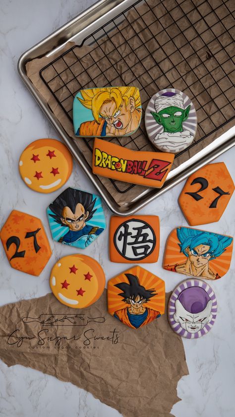 Dragon Ball Z custom sugar cookies Dragon Balls Birthday Theme, Dragon Ball Z Theme Party, Dragon Ball Z Cookies Decorated, Dragon Ball Z Desserts, Dragon Ball Theme Party, Dragon Ball Z Cookies, Dragonball Z Party, Dragon Ball Birthday Party, Dragon Ball Z Birthday Party