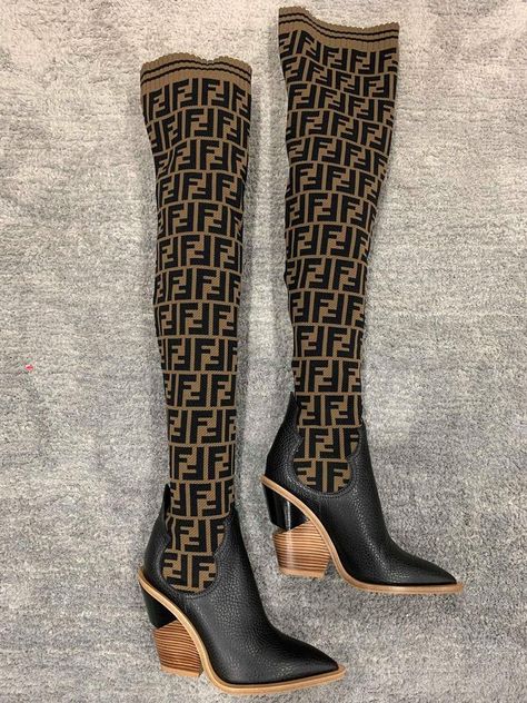 Fendi Black Western Cowboy Brown Ff Logo Stretch Knit Sock Thigh High Heel Boots/Booties Size EU 36 (Approx. US 6) Regular (M, B) - Tradesy Fendi Socks, Thigh High Heel Boots, Fendi Boots, Thigh High Heels, Thigh High Boots Heels, Ff Logo, Sock Boots, Walk This Way, Tights Outfit