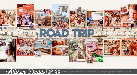 Timeline Scrapbook Layout, Scrapbook Timeline Ideas, Road Trip Scrapbook Layout, Camping On The Beach, Allison Davis, Scrapbook Generation, Travel Scrapbook Pages, Scrapbook Design Layout, Create A Timeline