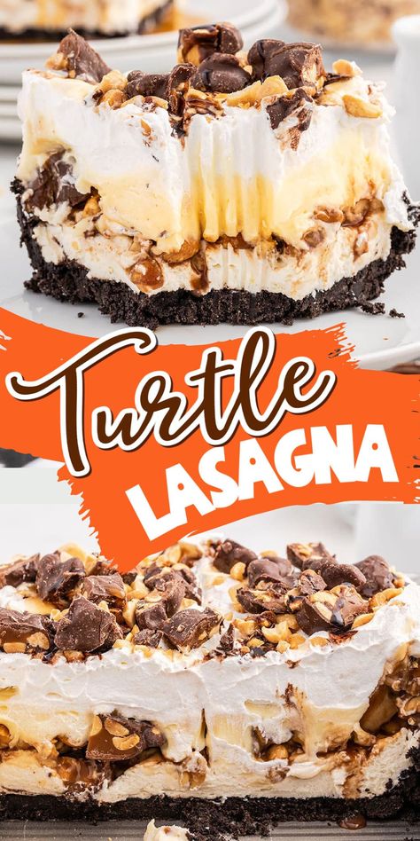 Ladyfinger Desserts Easy, Turtle Lush Dessert, Turtle Lasagna, Two Layered Cake, Turtle Dessert, Pudding Desserts Layered, Tailgate Desserts, Dessert Lasagna, Homesteading Recipes