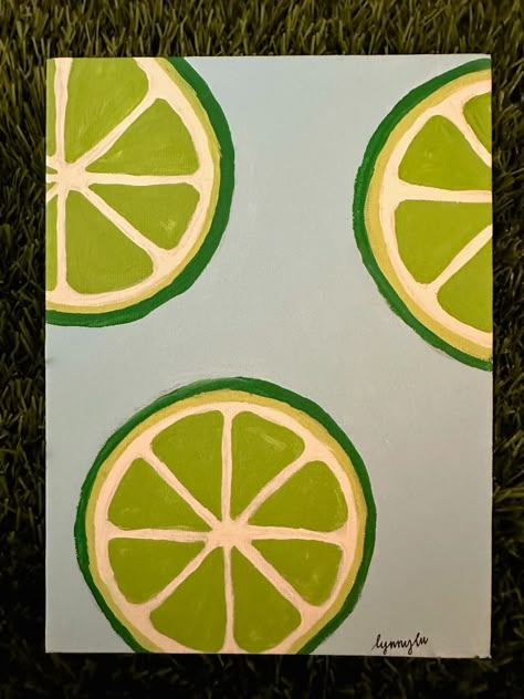 acrylic painting on flat canvas three limes scattered on the canvas handpainted light blue background Easy Backgrounds To Paint Canvas Ideas, Lime Slice Painting, Fruit Canvas Painting Easy, Acrylic Paint Markers Art Ideas, Easy Green Painting Ideas, Acrylic Painting Canvas Easy Simple, Acrylic Painting Aesthetic Ideas Easy, Easy Fruit Painting, Acrylic Painting Ideas On Canvas Aesthetic