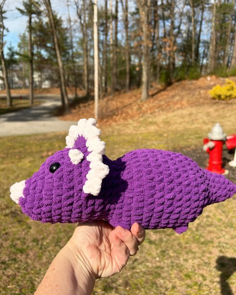 Available soon in my Etsy Shop. https://terryscrochetcottage.etsy.com School Crochet, Crochet Cottage, Dinosaur Crochet, Purple Dinosaur, Baby Purple, Purple Crochet, Crochet Dinosaur, Crochet Handmade, Soft Yarn