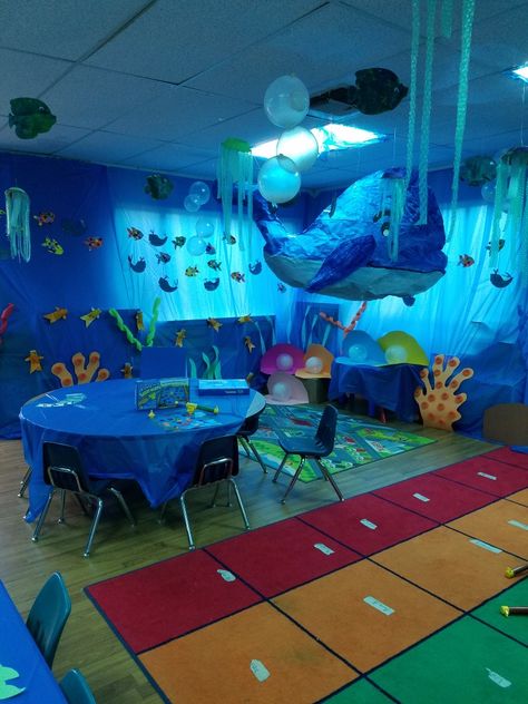 Vbs Ocean Theme, Ocean Classroom, Under The Sea Decorations, Ocean Theme Classroom, Ocean Room, Classroom Transformation, Sea Decor, Under The Sea Theme, Under The Sea Party