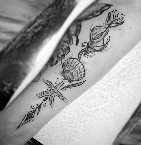 Ocean Related Tattoos For Women, Forearm Beach Tattoo Women, Seashells Tattoo Ideas, Florida Keys Tattoo Ideas, Ocean Arm Tattoos For Women, Seashell Tattoo Sleeve, Mermaid Forearm Tattoo, Sea Themed Tattoos For Women, Ocean Inspired Tattoos For Women