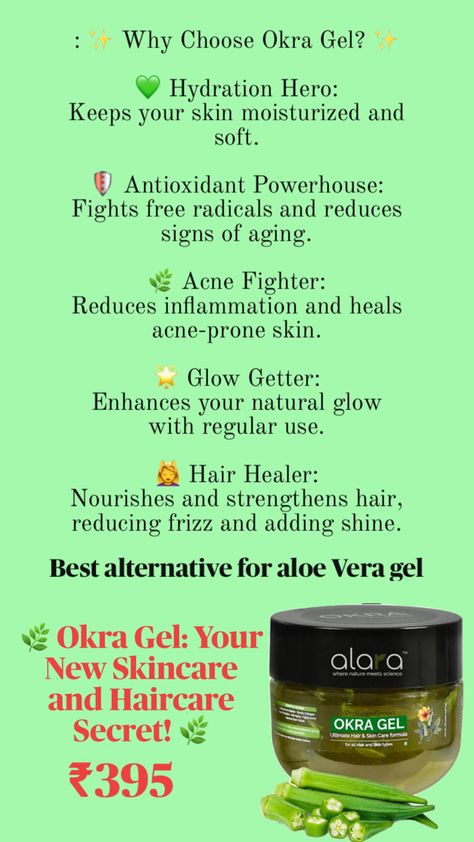 Discover okra gel as an alternative to aloe vera gel! Okra gel hydrates skin, fights free radicals, reduces inflammation, and enhances your natural glow. For hair, it nourishes, strengthens, reduces frizz, and adds shine. Pin for natural beauty tips! #OkraGel #NaturalSkincare #SkincareTips #HaircareTips #BeautyHacks #HealthySkin #GlowGetter #HomeRemedies #NaturalBeauty #SelfCare #RadiantSkin #ShinyHair Okra Benefits, Skincare And Haircare, Skin Glowing, Natural Remedy, Okra, Hair Care Routine, Reduce Inflammation, Say Hello, Natural Remedies