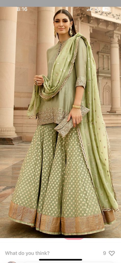 Banarasi Sharara Designs, Mint Pakistani Outfit, Chanderi Lehenga Designs, Banarasi Sharara, Banarasi Lehengas, Hand Embroidered Skirt, Green Sharara, Embroidered Sharara, Sharara Designs