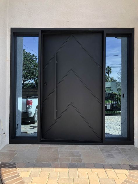 Zeus 7 Single Entry Iron Door | Precise Iron Doors Black Iron Front Door Double, Big Front Doors Modern, Black Steel Doors Entrance, Black Modern Entry Door, Large Modern Front Door, Black Modern Front Door Entrance, Large Black Front Door, Single To Double Front Door, Oversized Front Door Modern