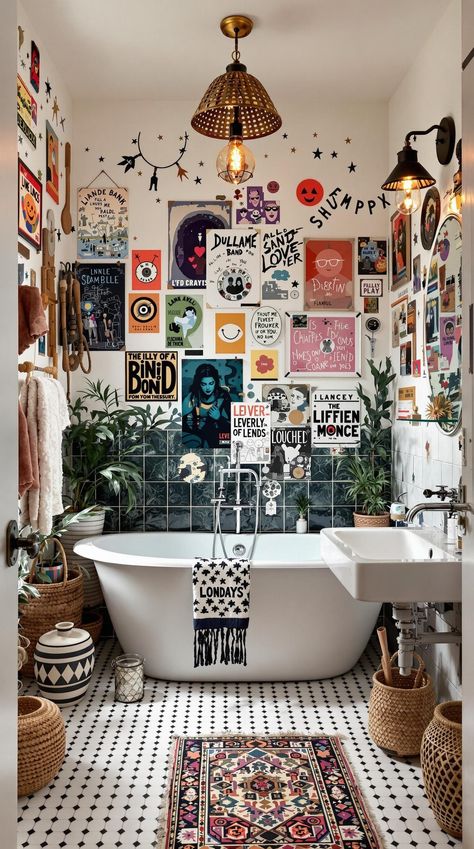 Cool Bathroom Decor Unique, Funky Bathrooms Ideas, Small Quirky Bathroom Ideas, Vintage Boho Bathroom Ideas, Funky Bathroom Decor Ideas, Eclectic Boho Bathroom, Cute Bathroom Apartment, Bathroom Whimsigoth, Boho Bathroom Art