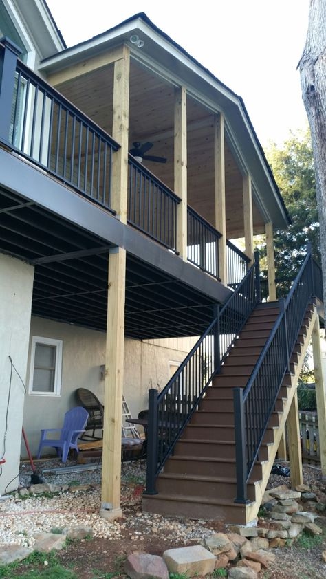 porch – The Deck Builder Stairs Small Space, 2 Story Deck, Custom Deck Railing, 2nd Story Deck, Yard Renovation, Deck Patterns, Deck Bench, Deck Remodel, House Porch