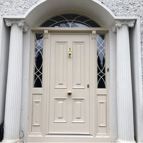 Cream Front Door, Shelf Corbels, Fromt Doors, Front Door Sidelights, Arched Front Door, England House, Georgian Doors, Decorative Pillars, Double Front Doors