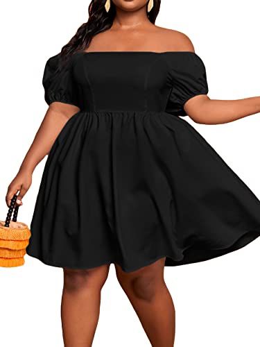 Black Puff Sleeve Dress Plus Size, Plus Size Short A Line Dress, Black Puff Sleeve Dress Plus, Black Off Shoulder Puff Sleeve Dress, Bombshell Dress, Lace Top Dress, Mini Tank Dress, Loose Fitting Tops, Line Dress