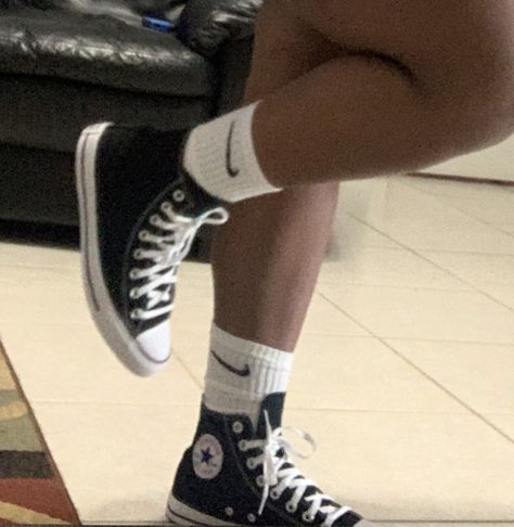 Black Knee High Converse, Black Converse White Socks, Low Rise Black Converse, Old Black Converse Aesthetic, Converse Chuck Taylor 70s Black, Knee High Converse, Neon Shorts, Slouch Socks, Black Converse