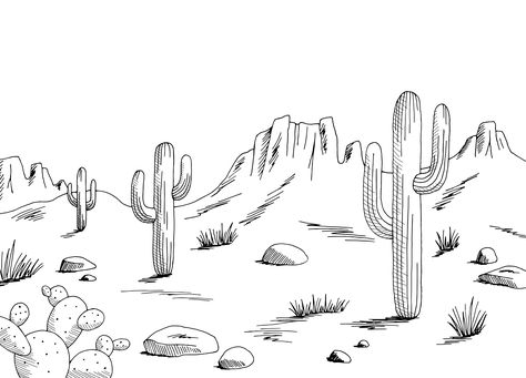 Desert graphic black white landscape sketch illustration vector Desert Sketch, Black White Landscape, Arizona Tattoo, Desert Graphic, Arizona Landscape, Western Landscape, White Landscape, Landscape Sketch, Black And White Landscape