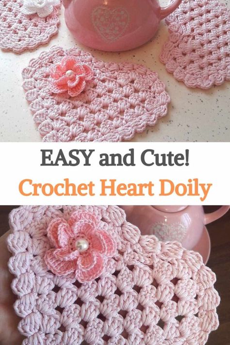 Circle or square crochet doilies are the traditional forms of this piece of décor. However, why not make a heart-shaped version to spice up your sideboards and coffee tables? You can protect your wooden surfaces, but still, add a feminine touch to them. This pink heart doily is a perfect decoration piece for your next tea party, or simply to put it at home to give such a beautiful look to any room, as well as to use as a gift, watch the video tutorial to get started! to crochet yours in as... Crochet Heart Doily, Crochet Tea Party, Crochet Wedding Favours, Tea Crochet, Crochet Projects For Home, Crochet Party, Heart Doily, Crochet Valentine, Fast Crochet