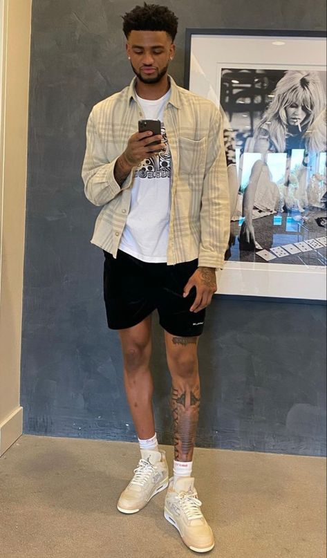 Off White Jordan 4 Sail Outfit, Retro 4 Outfit, Jordan 4 Retro Outfit, Jordan 4 Outfit Men, Jordan 4s Outfit, 4s Outfit, Tan Outfit, Summer Outfits Men Streetwear, Nba Outfit