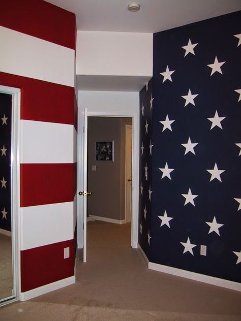 That Black Chic: Gimme a flag...will add interior..mix them both together and this is what you get. American Flag Bedroom, Patriotic Room, Patriotic Bedroom, Boy Rooms, Revere Pewter, Palette Design, Painted Front Doors, Trendy Living Rooms, Room Paint Colors