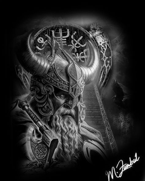 Tyr Tattoo Design, Odin Tattoo Design Norse Mythology, Viking Tattoo Ideas Norse Mythology, Odin Portrait, Odin Tattoo Design, Tyr Tattoo, Raven Tattoo Design, Old Traditional Tattoo, Odin's Ravens Tattoo