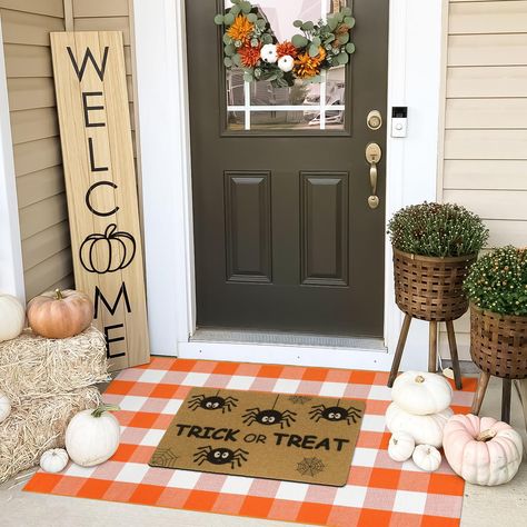 PRICES MAY VARY. 🎃 Non-Fading Cotton Materials: Orange and white buffalo check rug made of cotton materials,soft and comfortable to the touch,the eco-friendly fabric is great at water absorption, antistatic.Due to yarns that are dyed into specific colors before being woven into a design,not printed,needn't worry faded,making it more suitable for outdoor use. 🎃 Customized Size for Layered Doormat: 3'x5' fall front door rug is lays perfectly over a coir fiber doormat,hello door mat,welcome doorm Door Mats Outdoor, Porch Farmhouse, Front Door Rug, Door Rug, Fall Door, Door Mats, Porch Decor, Outdoor Rugs, Front Porch