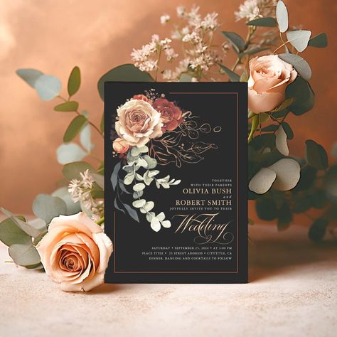 Rust Roses, Black Boho Wedding, Wedding Earthy, Terracotta Floral Wedding, Boho Wedding Invitation Template, Boho Wedding Invitation, Orange Terracotta, Rustic Boho Wedding, Botanical Wedding Invitations