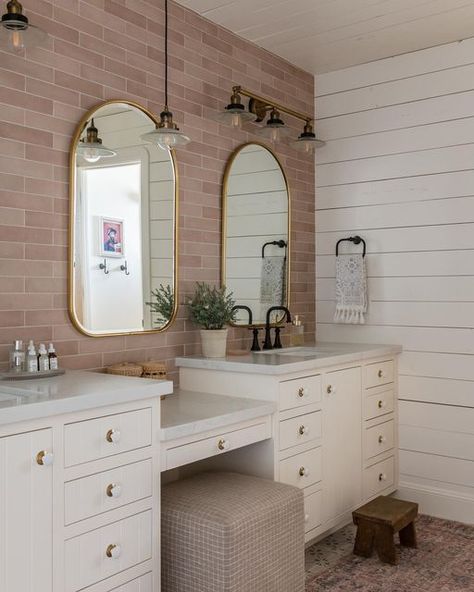 Bedrosians Tile and Stone on Instagram: "When you have five sisters, you get creative! 💡 They decided to give a spare bedroom a makeover, transforming it into a chic and functional bathroom. 🛀 Wall Tile: Makoto 2.5x10 in Momoiro Blush Designed by @christielewisinteriors Build by @eric_budge_custom_homes 📷: rebekahwestoverphotography" Girls Bathroom Ideas Sisters, Girls Shared Bathroom, Blush Bathroom, Designing A Bathroom, 5 Sisters, Five Sisters, Shiplap Bathroom, Functional Bathroom, Girl Bathrooms