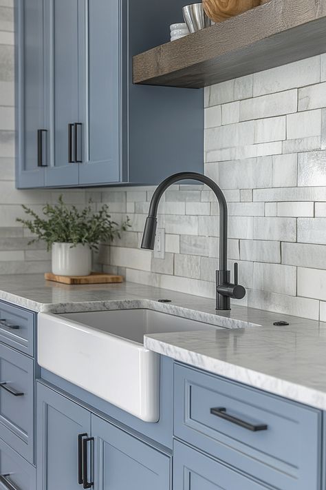 Black Kitchen Faucet Blue Cabinets, Blue Kitchen Black Handles, Blue Kitchen Black Hardware, Blue Kitchen Cabinets With Black Handles, Blue Kitchen With Black Handles, Light Blue And Black Kitchen, Blue Cabinets With Black Hardware, Blue Cabinets Black Hardware, Blue And Grey Kitchen