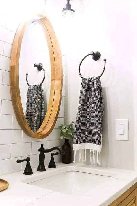 This bathroom remodel is going to knock your socks off! I can't believe they did this in just 6 weeks. I love the oval wood framed mirrors on the full wall of white subway tile for a pretty modern farmhouse bathroom look. You're going to love all of this bathroom decor ideas! #mirror #bathroom #fixerupper #farmhouse #boho #mirrors #homedecor Vibes Bathroom, Modern Boho Farmhouse, Boho Mirrors, Bathroom Farmhouse, Framed Mirrors, Farmhouse Modern, Mirror Bathroom, Modern Farmhouse Bathroom, Farmhouse Boho