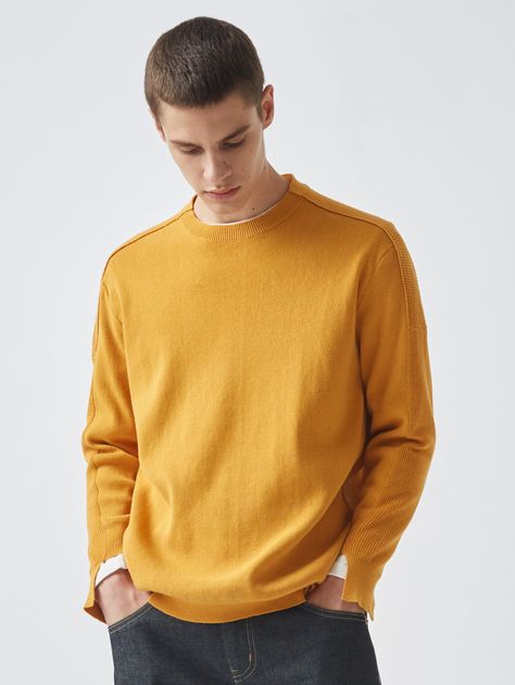 Yellow Casual  Long Sleeve Cotton Plain Pullovers Embellished Slight Stretch Spring/Fall Men Knitwear Mens Mustard Sweater Outfit, Casual Mustard Knit Sweater, Yellow Knitted Crew Neck Sweater, Yellow Sweater Mens, Yellow Textured Knit Crew Neck Sweater, Men Knitwear, Elegance Dress, Yellow Sweatshirt, Sweater Men