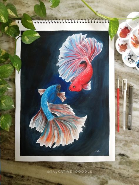 Betta Fish Acrylic Painting, Two Fish Painting, Betta Painting, Betta Fish Painting, Fish Painting Acrylic, Unique Acrylic Paintings, Blue Betta Fish, Fish Acrylic Painting, Dorm Canvas