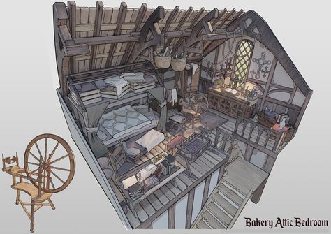 ArtStation - Arthurian Kingdom - Bakery Attic Bedroom, Oliver Medak Interior Concept Art, Fantasy Rooms, Bg Design, Isometric Art, Interior Illustration, Attic Bedroom, Fantasy House, Fantasy Setting, Fantasy Places