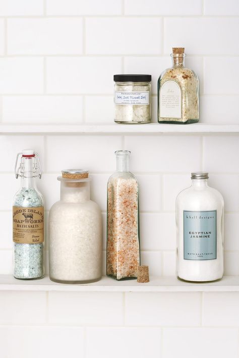 Bath Salts Storage, Bathrooms Decor, Salt Storage, Bathroom Repair, Chic Bathroom Decor, Silver Cabinets, White Bathroom Designs, Decorative Bottles, Shop Cabinets