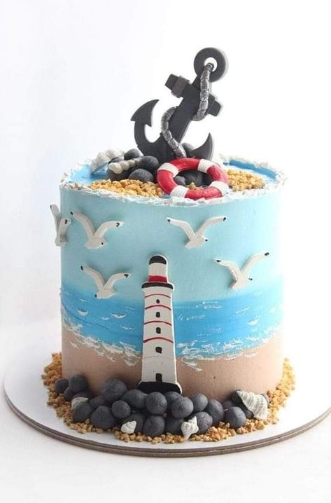 Lighthouse Cake, Nautical Birthday Cakes, Nautical Cakes, Beach Birthday Cake, Surf Cake, Chocolate Cake Toppers, Rodjendanske Torte, Boat Cake, Beach Themed Cakes