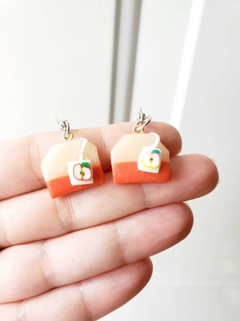 Tea Bag Earrings, Nail Sculpture, Blackberry Tea, Apple Slice, Clay Inspo, Earrings Food, Kawaii Fruit, Apple Tea, Earring Inspiration