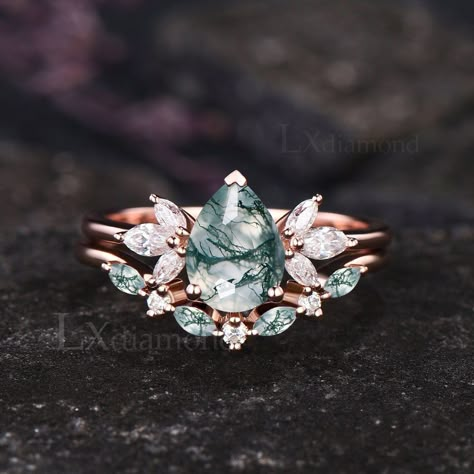 Unique Pear Cut Moss Agate Engagement Ring Set Art Deco Seven - Etsy Obscure Engagement Rings, Moss Agate And Pearl Engagement Ring, Fantasy Inspired Wedding Rings, Pear Gemstone Engagement Ring, Moss Aget Rings, Moss Stone Ring, Enchanted Forest Ring, Miss Agate Wedding Ring, Wedding Ring Floral