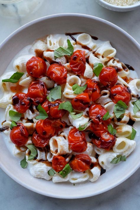 Whipped Ricotta Caprese Pasta Summer Pastas, Whipped Ricotta, Caprese Pasta, Roasted Cherry, Roasted Cherry Tomatoes, Cherry Tomato, Balsamic Glaze, Tomato Basil, Roasted Tomatoes