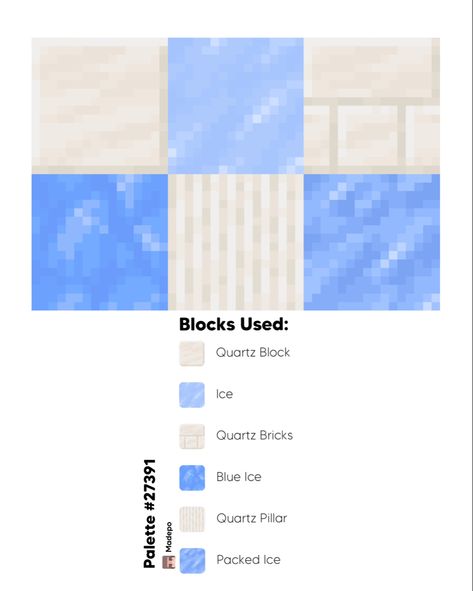 Every Minecraft Block, Minecraft Frozen Build, Quartz Pillar Minecraft, Minecraft Ice Sculpture, Blue Block Pallet Minecraft, Minecraft Castle Palette, Ice Kingdom Minecraft, Minecraft Castle Color Palette, Blue Minecraft Palette