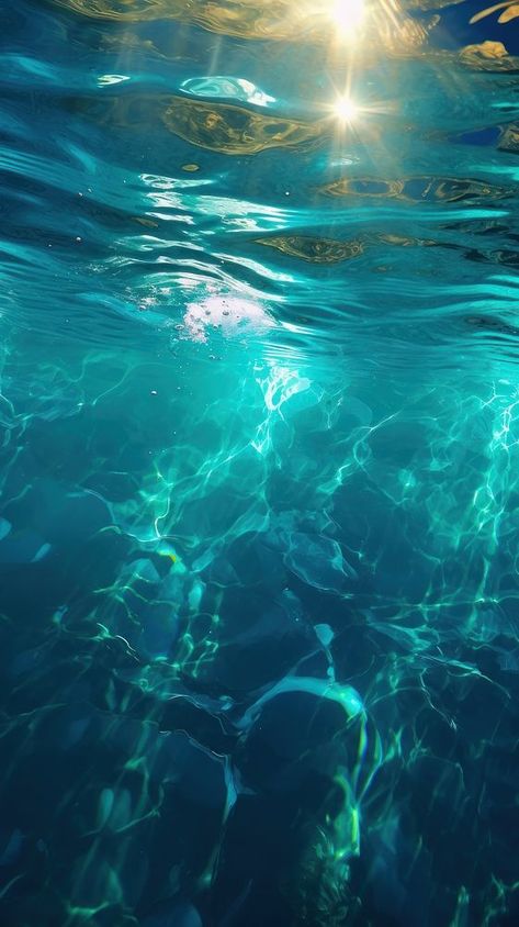 Ocean underwater reflection sunlight swimming. AI generated Image by rawpixel. | premium image by rawpixel.com Underwater Looking Up, Fishes Aesthetic, Water Light Reflection, Underwater Reflection, Mermay Inspiration, Reflection Aesthetic, Underwater Forest, Underwater Aesthetic, Sparkle Aesthetic