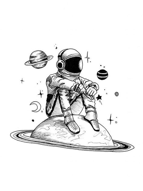 Astronaut Sitting On Planet Tattoo, Astronaut Ink Drawing, Astronaut Line Drawing, Astronaut In Space Drawing, Edm Tattoo Ideas, Spaceman Drawing, Space Arm Tattoo, Spaceman Tattoo, Astronaut Doodle