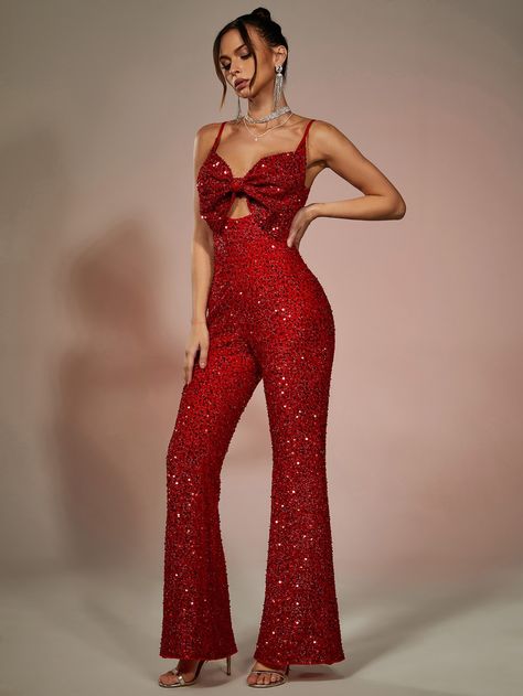 Cut Out Bow Front Sequin Cami Jumpsuit Sparkly Red Outfit, Red Rhinestone Outfit, Red Sparkle Outfit, Red Glitter Outfit, Red Tour Outfits, Red Performance Outfits, Performance Outfits Singing, Red Outfit Party, Red Party Outfit